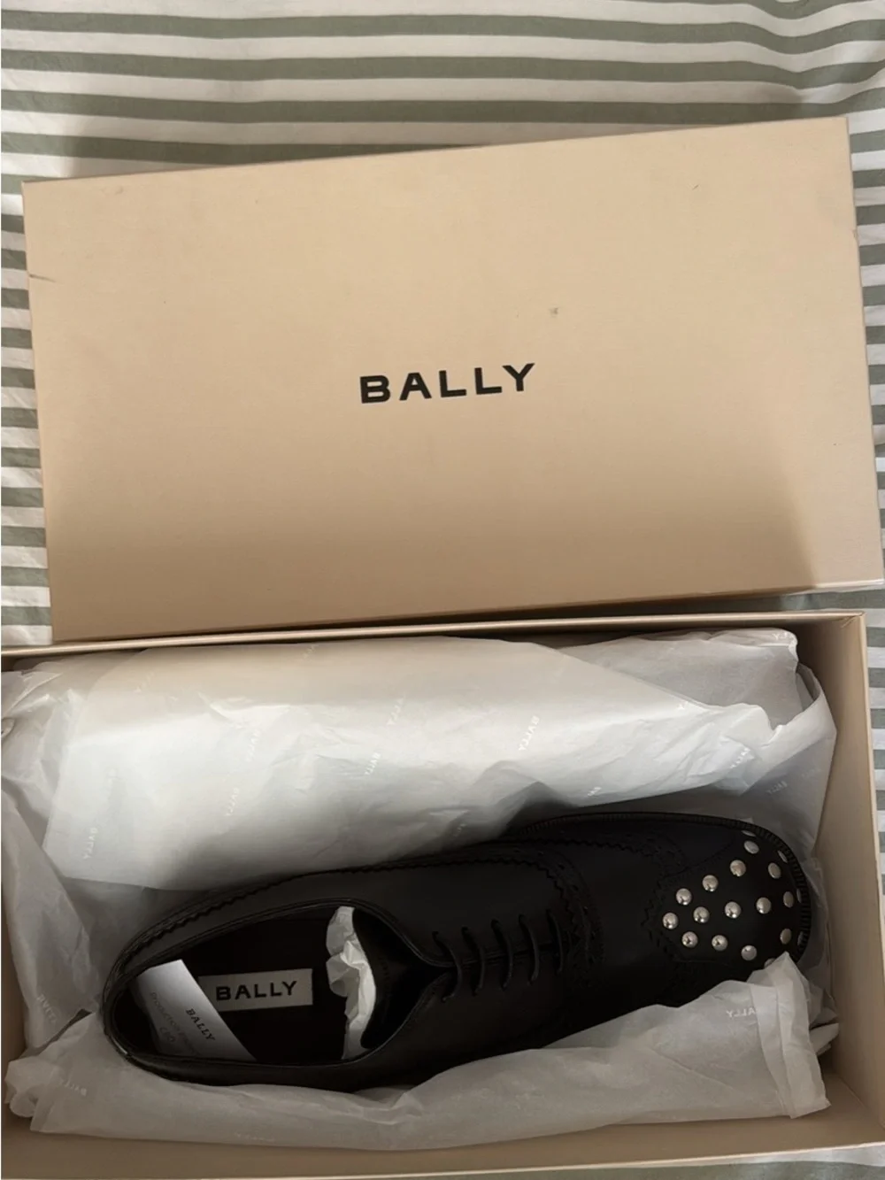 Bally Black Leather Studded Toe Derby Shoe